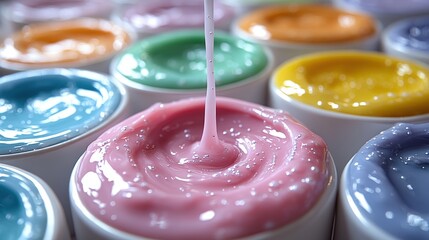 Colorful slime blobs blending on a white ceramic palette with a mixing stick