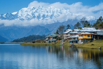 Fototapeta premium Himalayan village lake reflection, snowy mountains