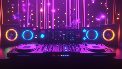 Neon DJ Setup: Mixing Beats with Colorful Lights and Advanced Audio Equipment in a Vibrant Nightclub Atmosphere
