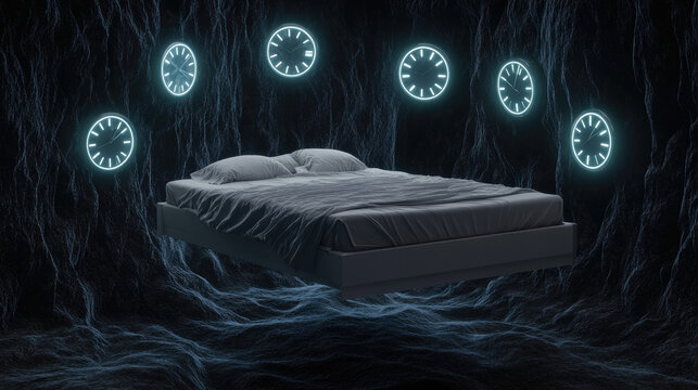 A floating bed in a dark void surrounded by glowing clocks, symbolizing the anxiety of sleep disorders.