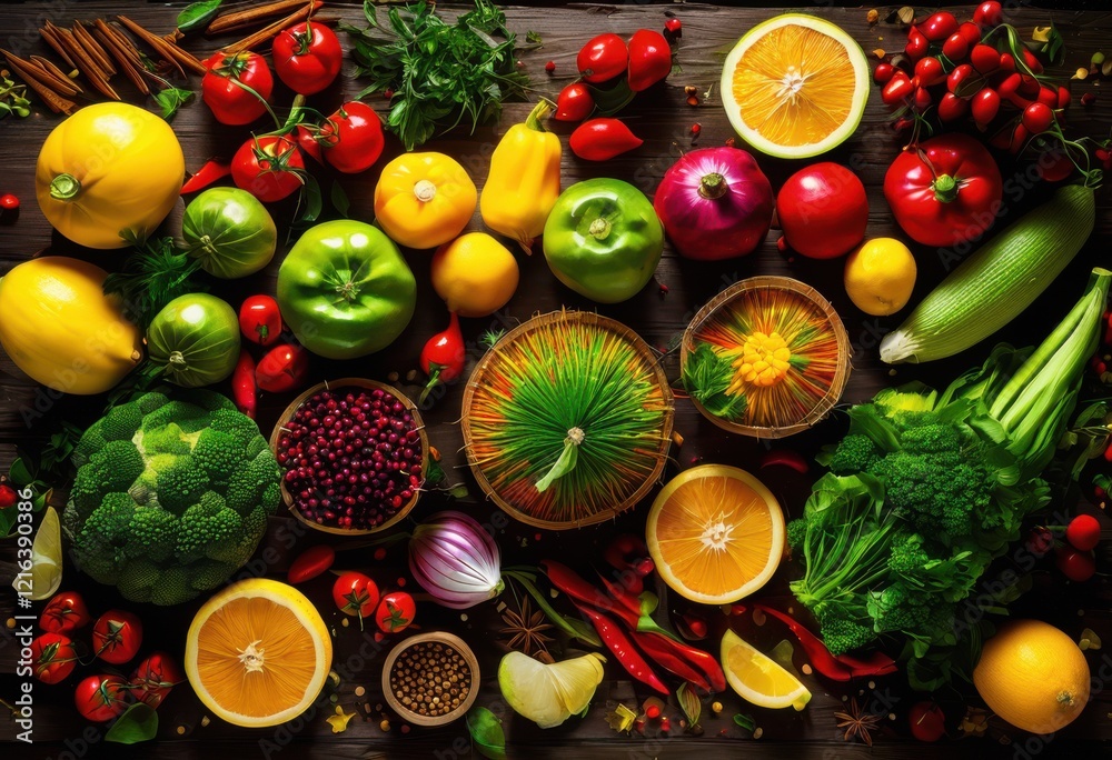 Wall mural vibrant ingredients dynamic flat lay arrangement showcasing colorful spices captivating culinary display, vegetables, fruits, colors, food, herbs, fresh