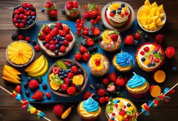 Fototapeta premium vibrant snack arrangement displayed brightly colored background featuring assorted treats colorful presentation, colors, variety, plate, fruits, sweets