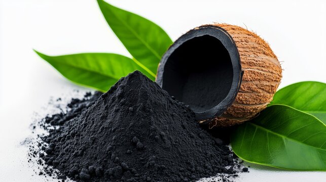 Pile of black powder is sitting next to a brown coconut shell. The powder is dark and the shell is rough and textured. The scene is set on a white surface, with the powder