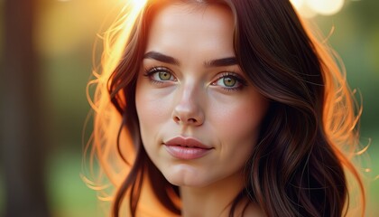Fototapeta premium High-Definition Desktop Wallpaper: Woman with Green Eyes and Brown Hair Against Blurred Background