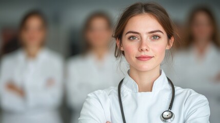 Confident Female Doctor with Stethoscope Leading Medical Team in Hospital