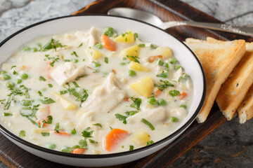 Thick creamy Chicken Pot Pie Soup with toasts closeup on the wooden board on the table. Horizontal