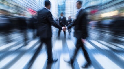 Fototapeta premium Blurred Motion of Businessmen Shaking Hands in a Busy City Street