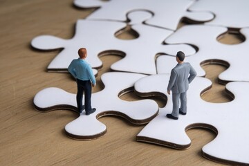 Two miniature businessmen stand on separated puzzle pieces, symbolizing a gap in collaboration or communication.