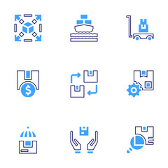 Logistics icon set. Bold line style. Duotone colors. Editable stroke. package, extendable, invest, renewable, cargo, trolley, management, parcel protection, handling