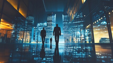Silhouettes of Three Businessmen Walking in a Modern Cityscape at Night