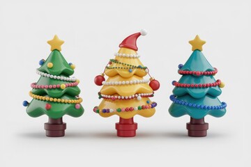 Three colorful 3D Christmas trees adorned with beads, stars, and a Santa hat.