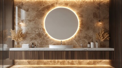 Obraz premium Modern Luxury Bathroom Design with Marble Walls and Round Mirror: A Serene and Elegant Space