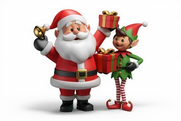Santa Claus and his elf helper joyfully hold Christmas gifts, ringing a bell, embodying festive cheer.