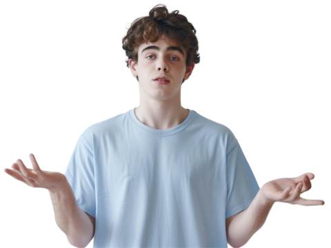 Confused young man in blue t-shirt shrugging, expressing uncertainty