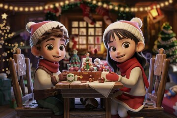 Two adorable cartoon children in Santa hats enjoy Christmas Eve, sharing treats at a wooden table in a cozy cabin. © darshika