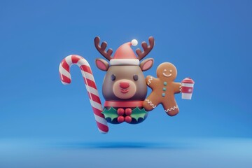 A cute 3D reindeer wearing a Santa hat with candy cane, gingerbread man, and coffee.