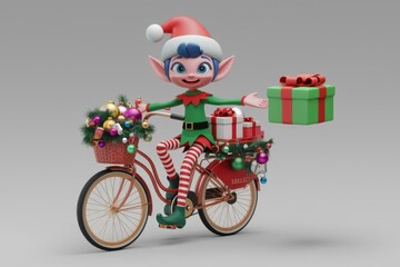 A cheerful Christmas elf on a bicycle, delivering gifts and ornaments.