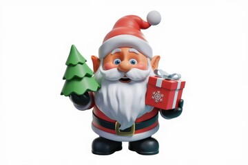 Obraz premium A cheerful 3D cartoon Santa Claus holds a small Christmas tree and a gift.