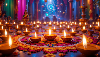 Diwali Celebration: Glowing Diyas on Rangoli in Festive Temple Setting
