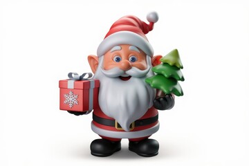 Obraz premium Jolly Santa Claus holding a gift and a small Christmas tree, ready for the holidays.