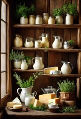 bountiful still life display exquisite dairy products featuring milk fresh herbs rustic setting, butter, cheese, cream, yogurt, organic, artisan, creamy
