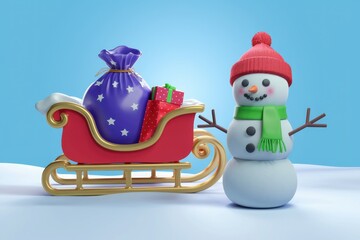 A cheerful snowman stands beside a Santa sleigh filled with gifts, embodying the festive spirit of Christmas.