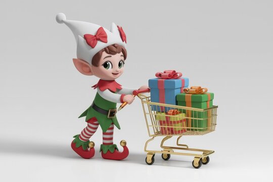 A cheerful Christmas elf pushes a shopping cart full of festively wrapped gifts.