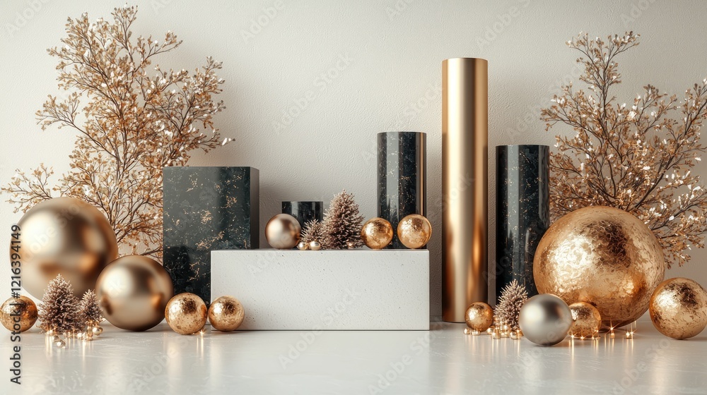 Wall mural Gold ornaments and shapes with foliage on a white table for festive displays.