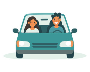 Cheerful man and woman sharing a happy road trip in a vintage green car