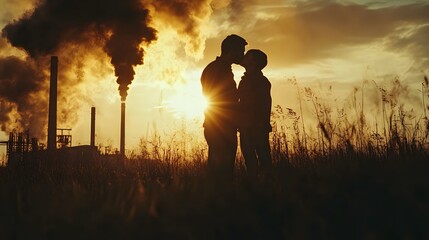 Fototapeta premium Embracing hope in a smoky landscape at sunset with a father and child
