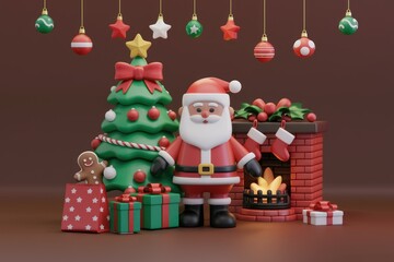 Santa Claus with Christmas tree, gifts, and fireplace, festive 3D render.