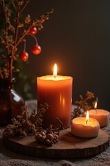 Hygge Spiritual Altar Still Life with Candle and Palo Santo Burning for Imbolc