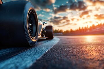 Formula one race car speeding on a circuit during sunset