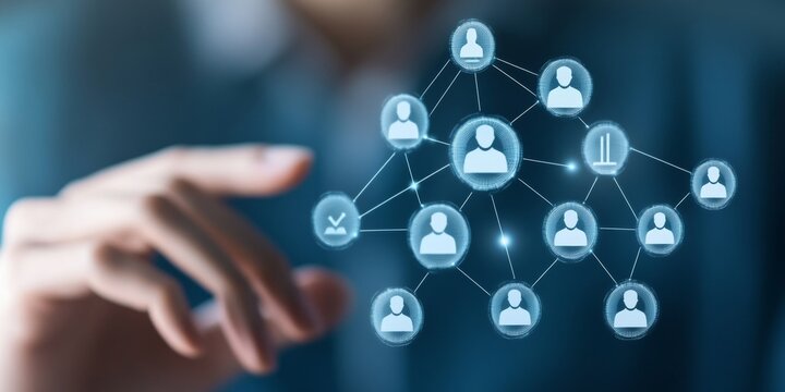 Business professional interacting with futuristic interface displaying icons and Human Resources, concept of using technology and data to streamline HR processes and workforce, Generative AI