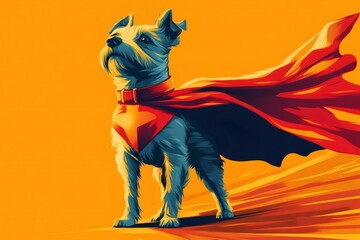 Super dog wearing red cape standing proudly: canine superhero symbol of courage and strength