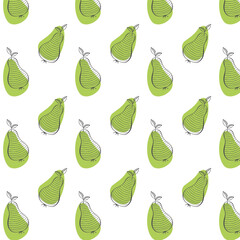 Green Pears in summer orchard pattern, hand drawn doodle drawing of stylized pears, harvest, summer juicy fruits. Orchard.