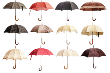 A row of umbrellas with different colors and patterns. ,on transparent background.