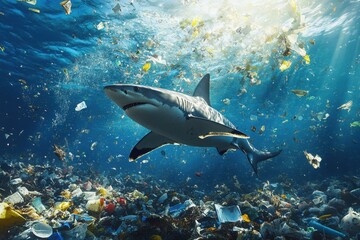 Fototapeta premium Shark Swimming Through Dense Trash in Ocean Depths