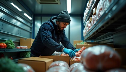 Man in blue jacket, beanie works in refrigerated truck. Packing fresh produce into boxes. Boxes, wrapped produce visible. Food delivery service, perishable goods handling apparent. Temperature