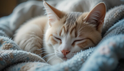 Peaceful Kitten Slumber: A Ginger and White Cat Naps on Soft Blanket