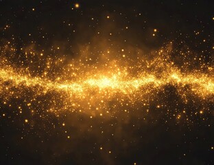 Fototapeta premium Golden Galaxy: Shimmering Stardust Trails Across Dark Universe Background, Celestial Lights Dance Magically