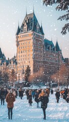 Fototapeta premium Winter Wonderland in Quebec City Historic Architecture and Tourists Enjoying Snowfall at Landmark
