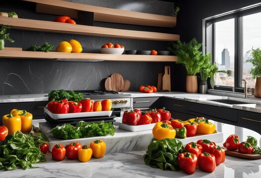 vibrant nutrient rich meal prep showcasing colorful ingredients sleek modern kitchen setup healthy cooking experience, vegetables, fresh, fruits, organizing