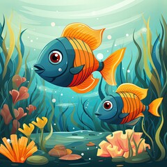 Naklejka premium Aquatic Life Depicted in a Flat Illustration of an Underwater Ocean