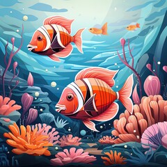 Naklejka premium Aquatic Life Depicted in a Flat Illustration of an Underwater Ocean
