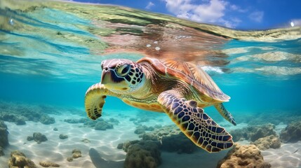 Majestic green sea turtle gliding through clear tropical waters above vibrant coral reefs