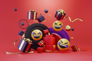 Obraz premium Joyful 3D rendering of laughing emojis with gifts and ribbons, celebrating a festive occasion.