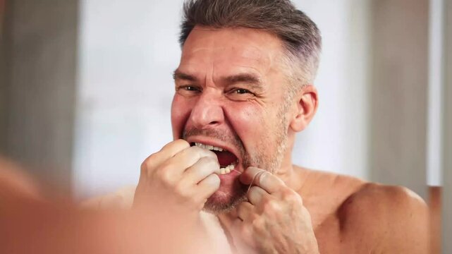 Man Flossing Teeth. Cleaning Tooth