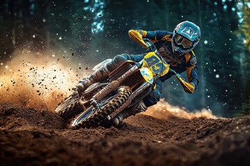 A skilled motocross rider navigates a challenging dirt track.