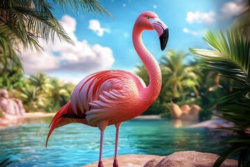 Fototapeta premium A vibrant pink flamingo standing gracefully in its natural habitat.
